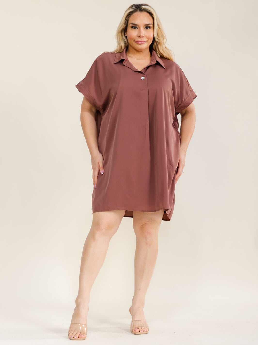 ENTRO PLUS SIZE SHORT SLEEVE BUTTON CLOSURE TUNIC MINI DRESS