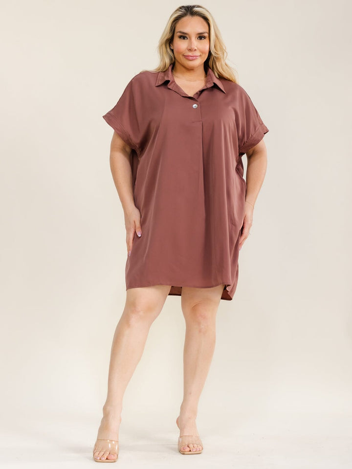 ENTRO PLUS SIZE SHORT SLEEVE BUTTON CLOSURE TUNIC MINI DRESS