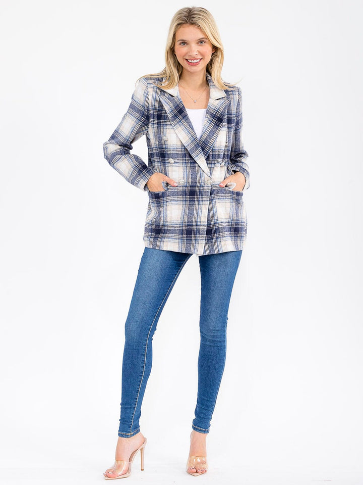 WOMEN'S LONG SLEEVE BUTTON CLOSURE FRONT POCKETS PLAID BLAZER