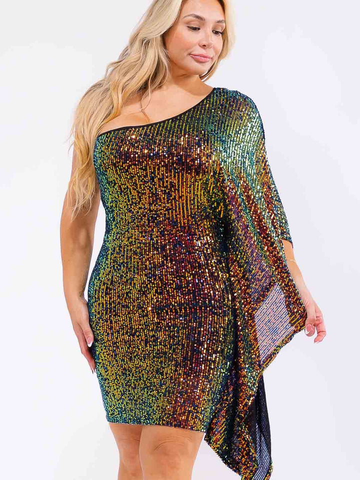 PLUS SIZE ONE SHOULDER BODYCON SEQUINS MIDI DRESS