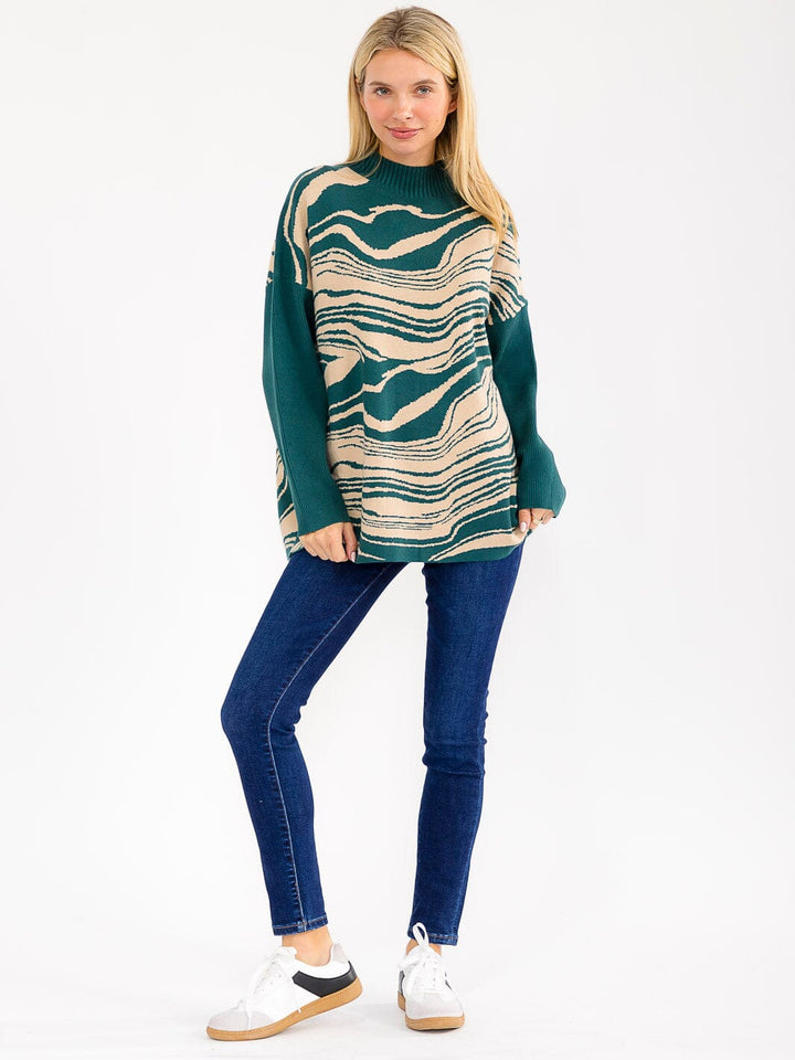 WOMEN'S LONG SLEEVE MOCK NECK PULLOVER COLORBLOCK PRINT SWEATER