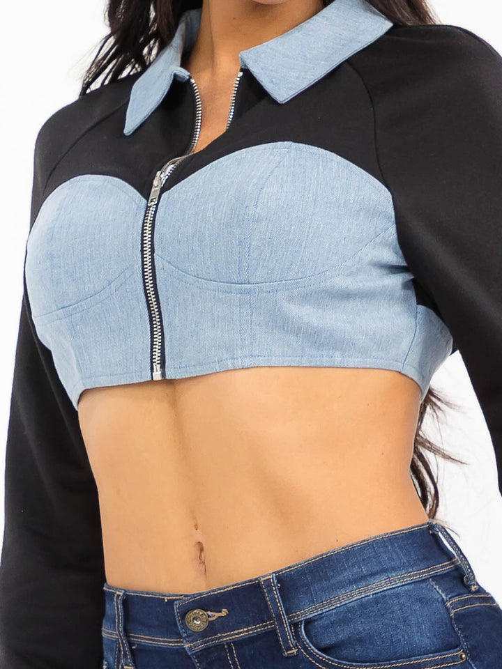 WOMEN'S LONG SLEEVE ZIP UP DENIM CONTRAST CROP JACKET
