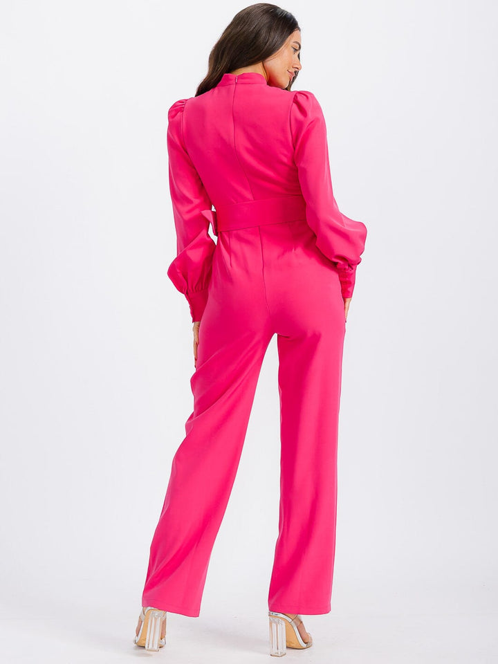 WOMEN'S LONG SLEEVE POCKETS CUT OUT BELTED WIDE LEG JUMPSUIT