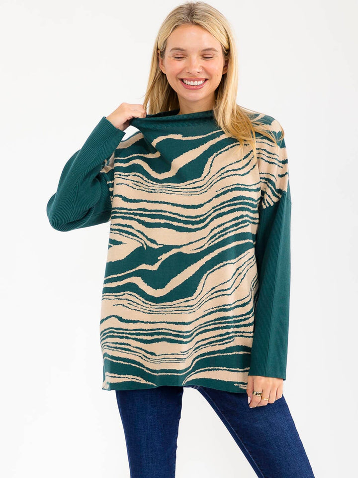 WOMEN'S LONG SLEEVE MOCK NECK PULLOVER COLORBLOCK PRINT SWEATER