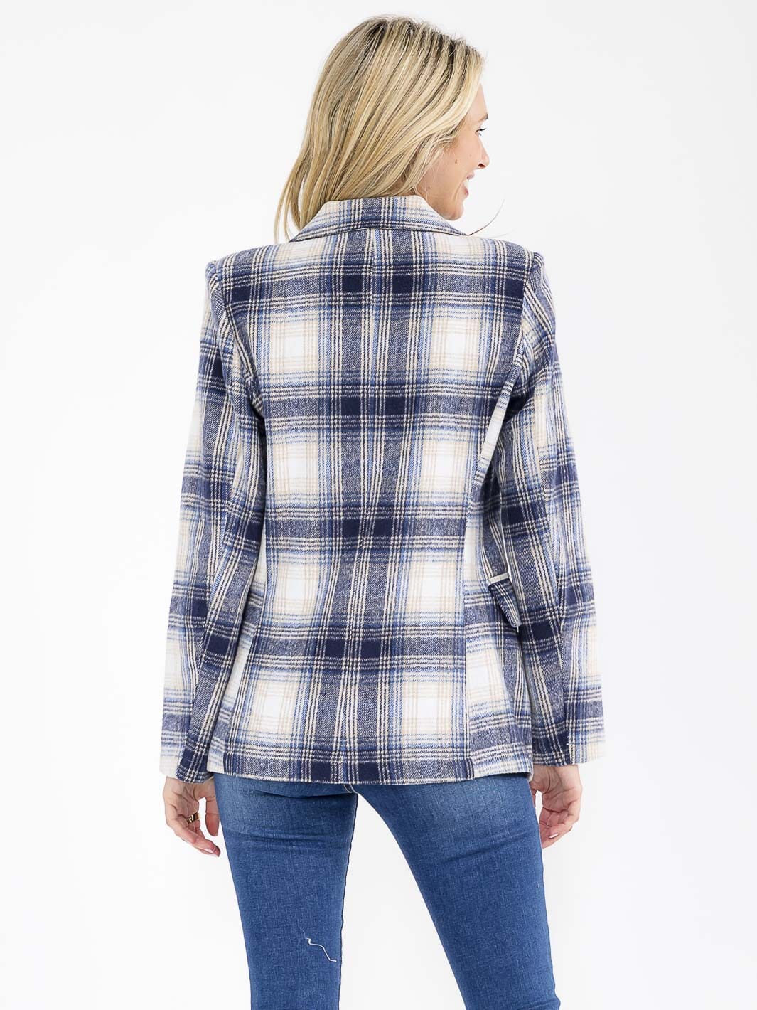 WOMEN'S LONG SLEEVE BUTTON CLOSURE FRONT POCKETS PLAID BLAZER