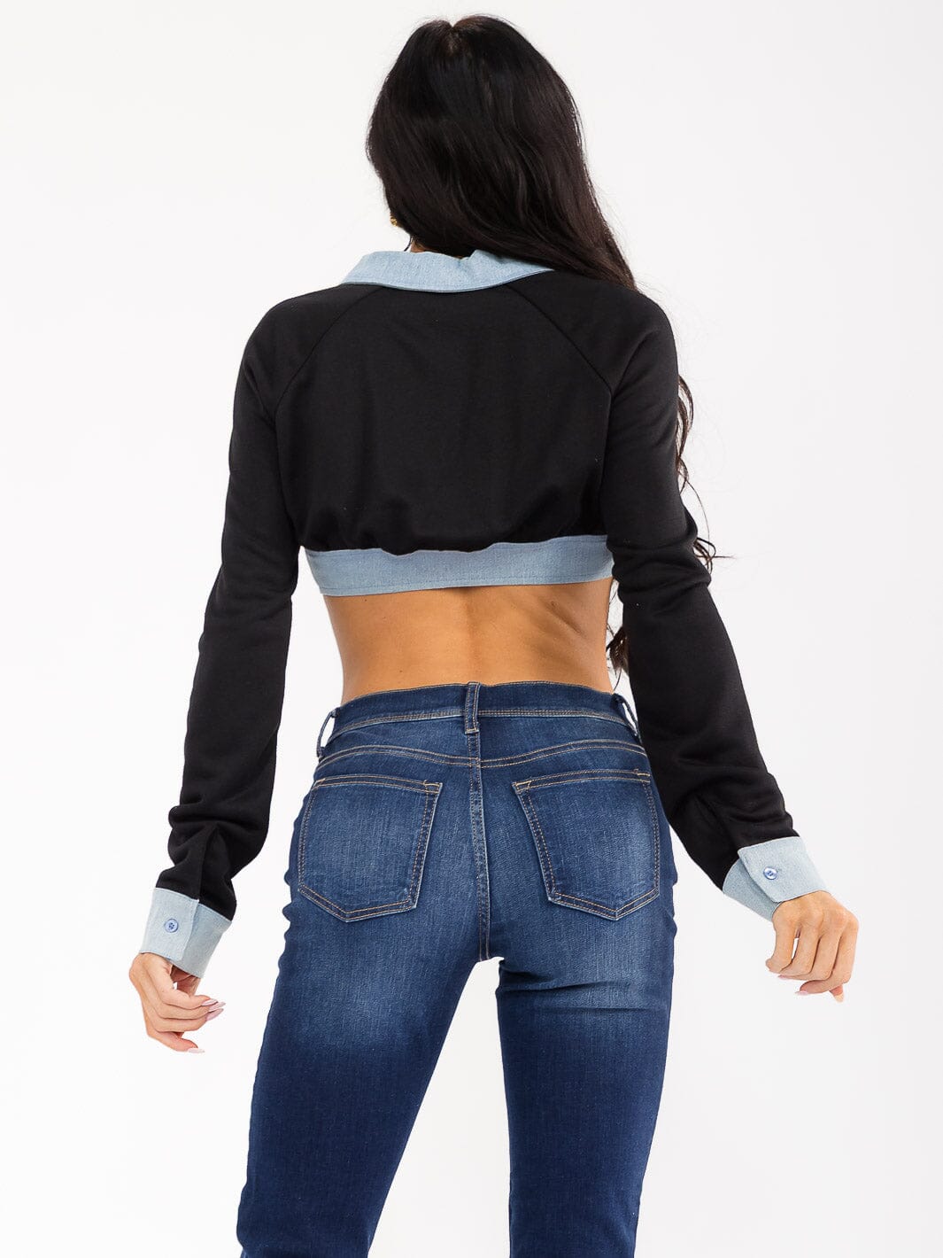 WOMEN'S LONG SLEEVE ZIP UP DENIM CONTRAST CROP JACKET