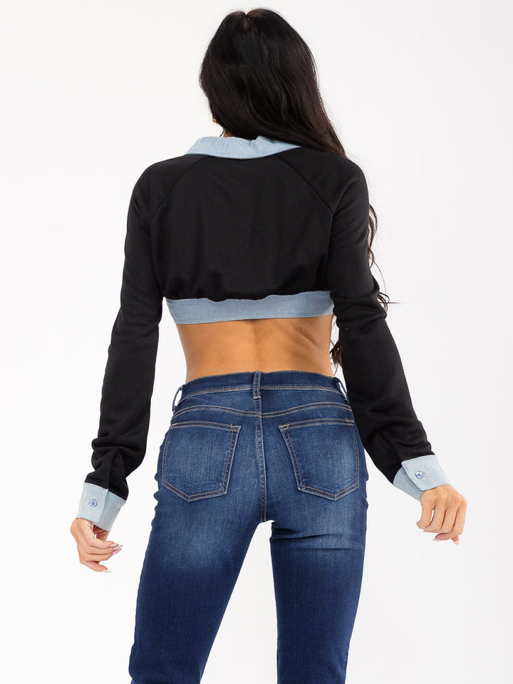 WOMEN'S LONG SLEEVE ZIP UP DENIM CONTRAST CROP JACKET