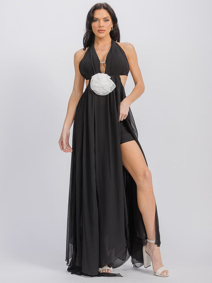 WOMEN'S SLEEVELESS OPEN BACK FLOWER DETAILED MAXI DRESS