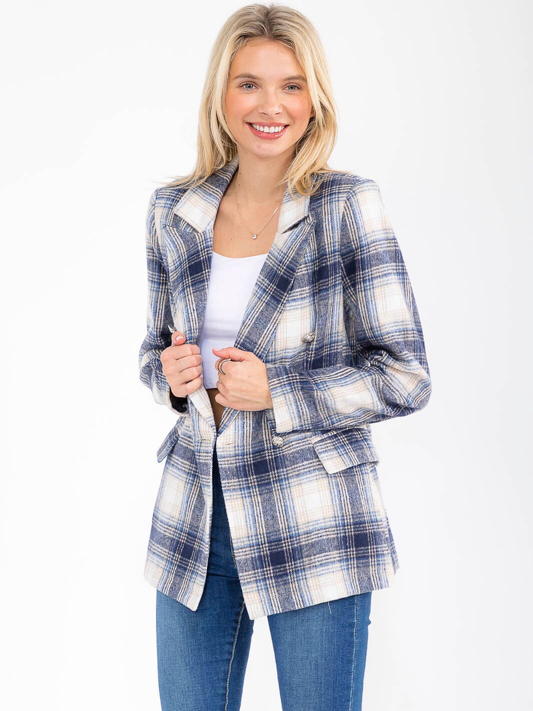 WOMEN'S LONG SLEEVE BUTTON CLOSURE FRONT POCKETS PLAID BLAZER