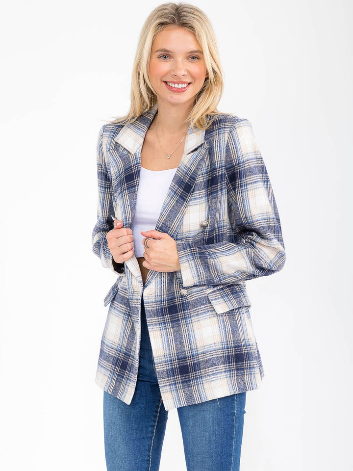 WOMEN'S LONG SLEEVE BUTTON CLOSURE FRONT POCKETS PLAID BLAZER