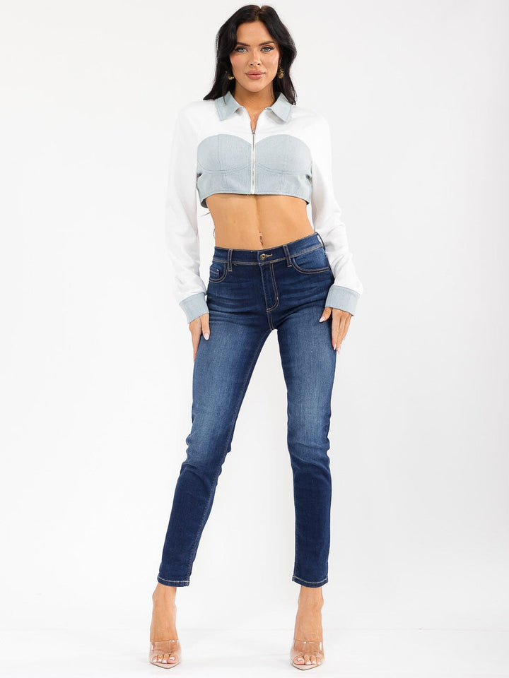 WOMEN'S LONG SLEEVE ZIP UP DENIM CONTRAST CROP JACKET