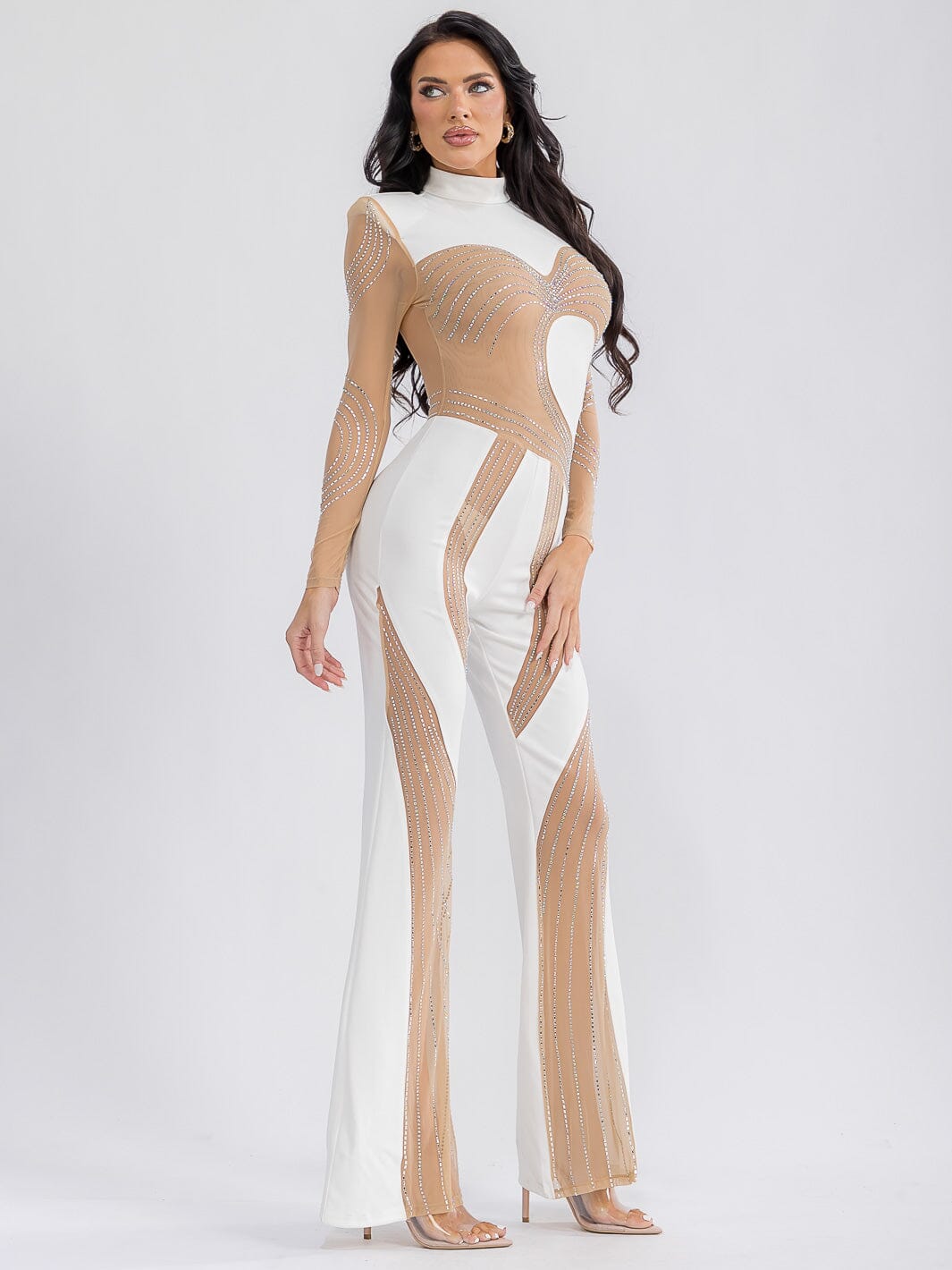 WOMEN'S LONG SLEEVE MESH STUDS BELL LEG JUMPSUIT