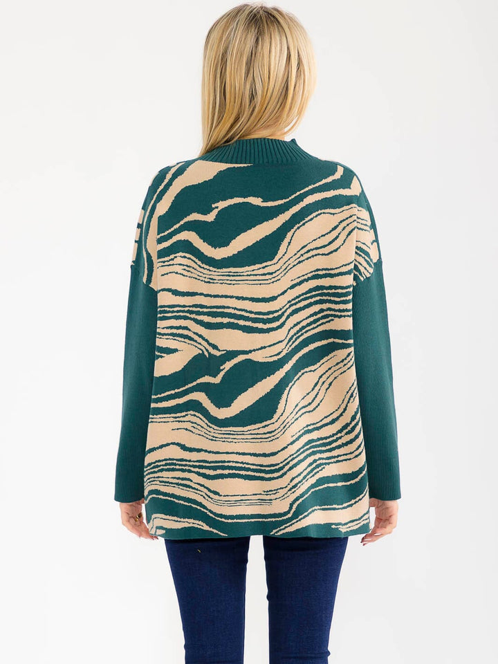 WOMEN'S LONG SLEEVE MOCK NECK PULLOVER COLORBLOCK PRINT SWEATER