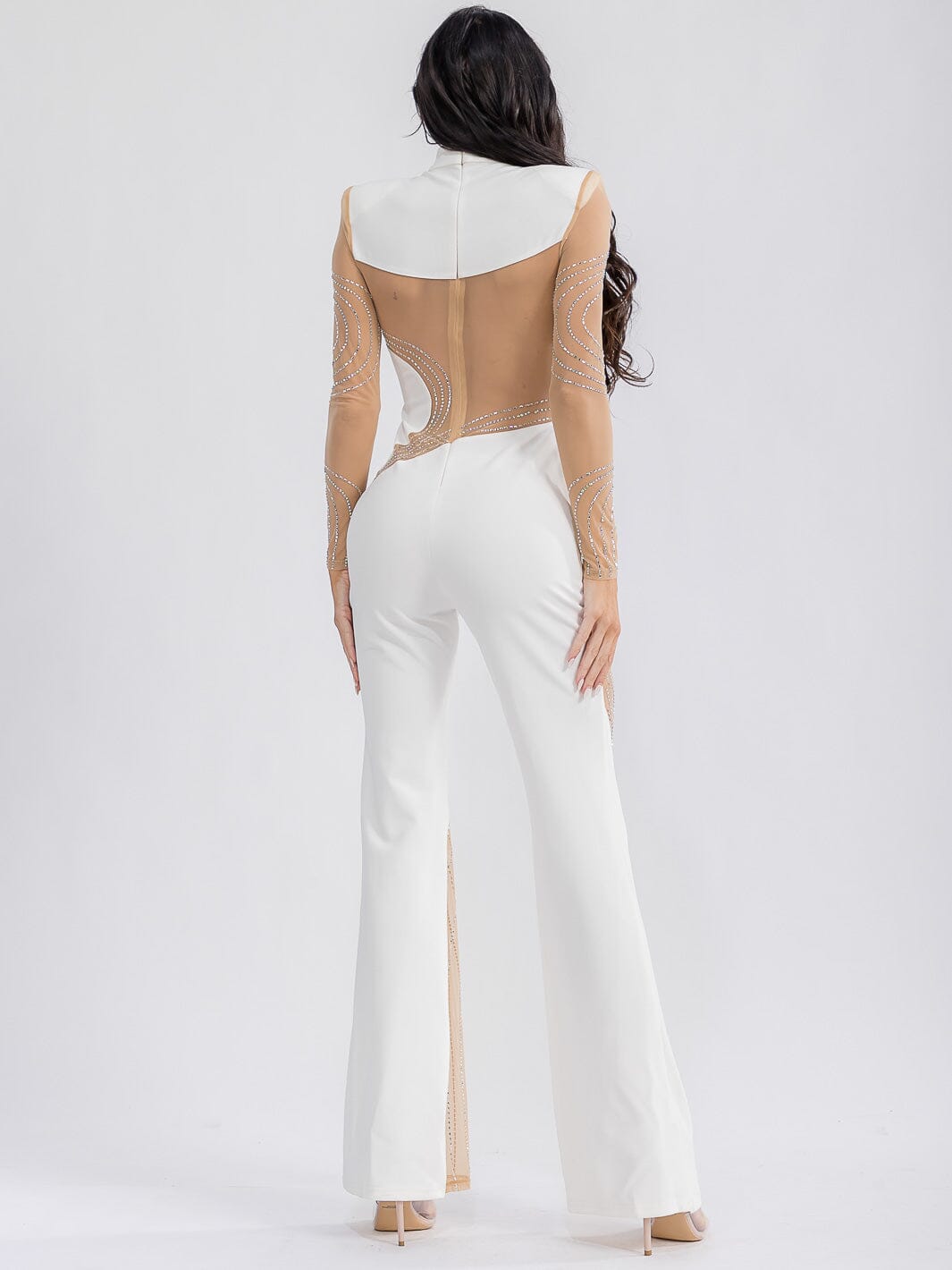 WOMEN'S LONG SLEEVE MESH STUDS BELL LEG JUMPSUIT