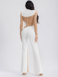 WOMEN'S LONG SLEEVE MESH STUDS BELL LEG JUMPSUIT