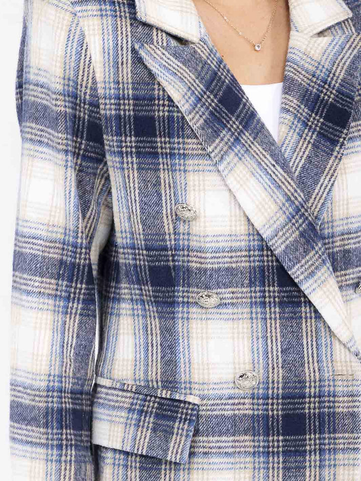 WOMEN'S LONG SLEEVE BUTTON CLOSURE FRONT POCKETS PLAID BLAZER
