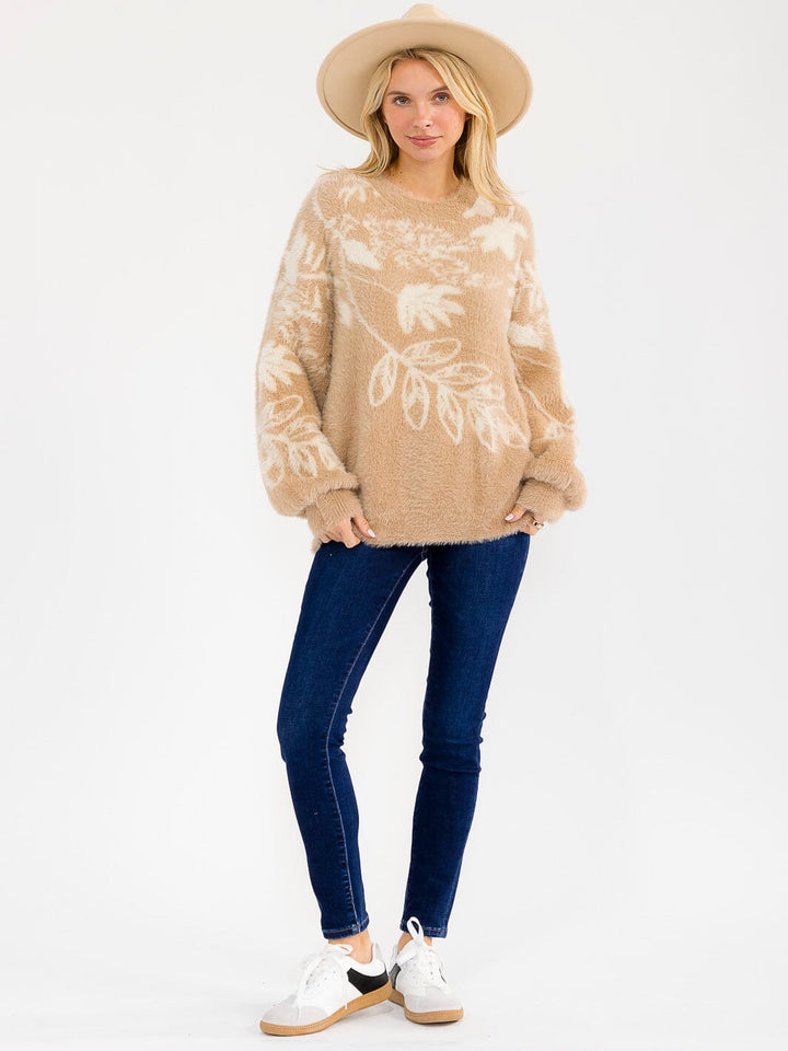 WOMEN'S LONG SLEEVE PULLOVER FUZZY PRINT SWEATER