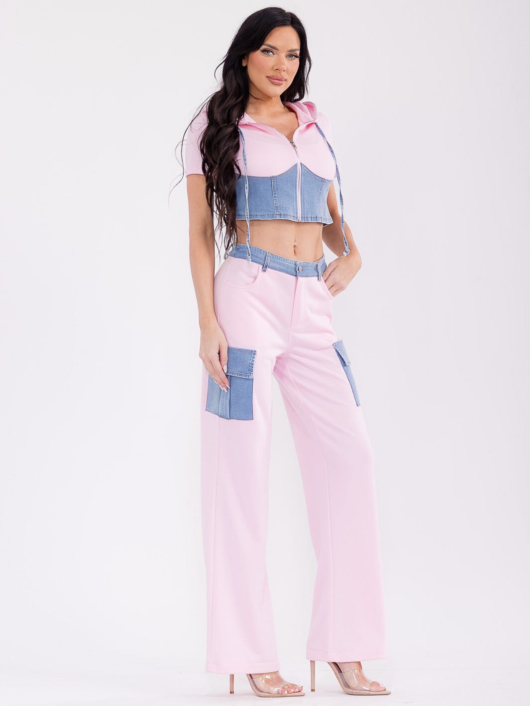 WOMEN'S SHORT SLEEVE TOP & BUTTON CLOSURE PANTS DENIM CONTRAST 2PC. SET