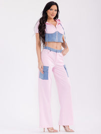 WOMEN'S SHORT SLEEVE TOP & BUTTON CLOSURE PANTS DENIM CONTRAST 2PC. SET