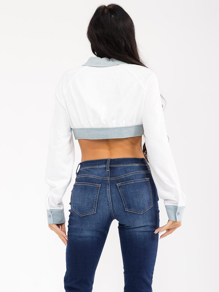 WOMEN'S LONG SLEEVE ZIP UP DENIM CONTRAST CROP JACKET