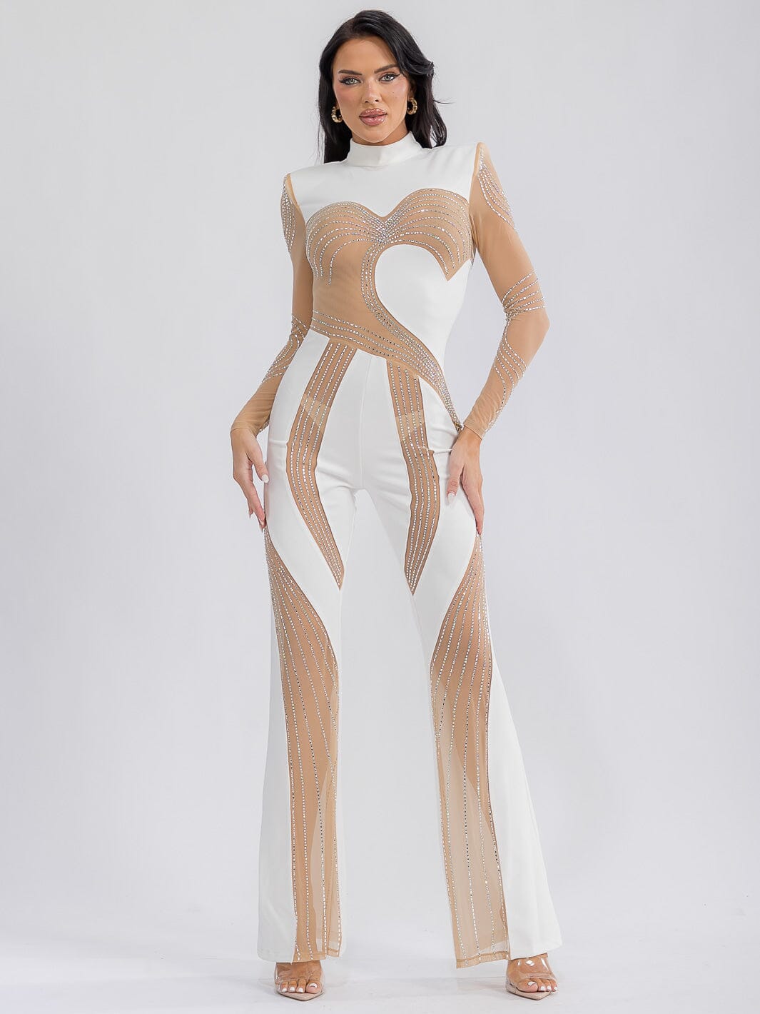 WOMEN'S LONG SLEEVE MESH STUDS BELL LEG JUMPSUIT