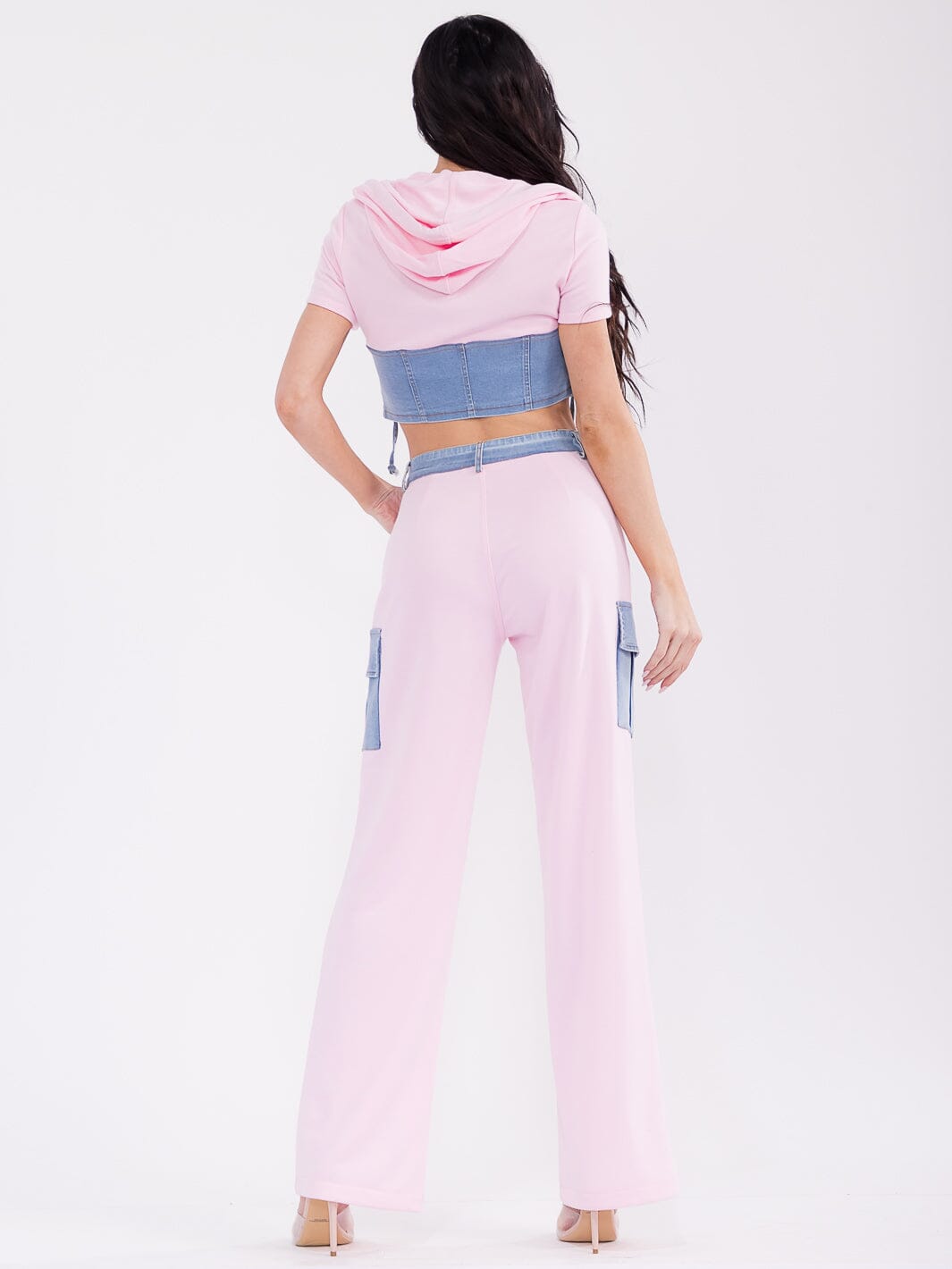 WOMEN'S SHORT SLEEVE TOP & BUTTON CLOSURE PANTS DENIM CONTRAST 2PC. SET