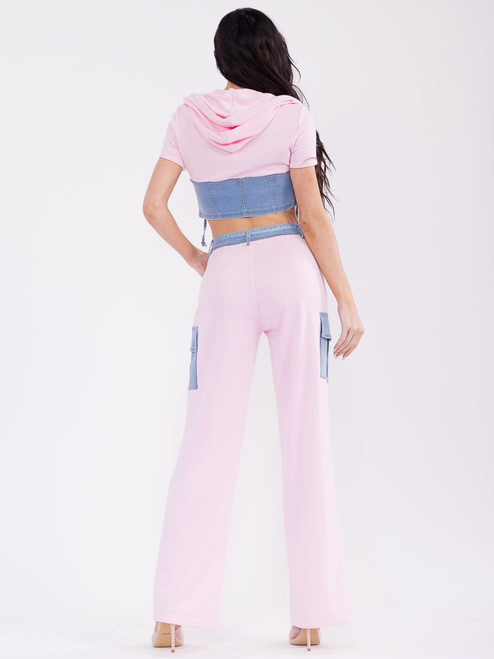 WOMEN'S SHORT SLEEVE TOP & BUTTON CLOSURE PANTS DENIM CONTRAST 2PC. SET