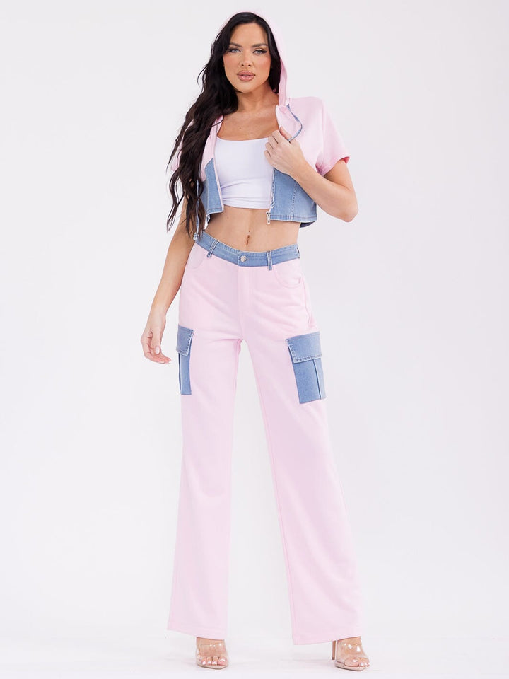 WOMEN'S SHORT SLEEVE TOP & BUTTON CLOSURE PANTS DENIM CONTRAST 2PC. SET