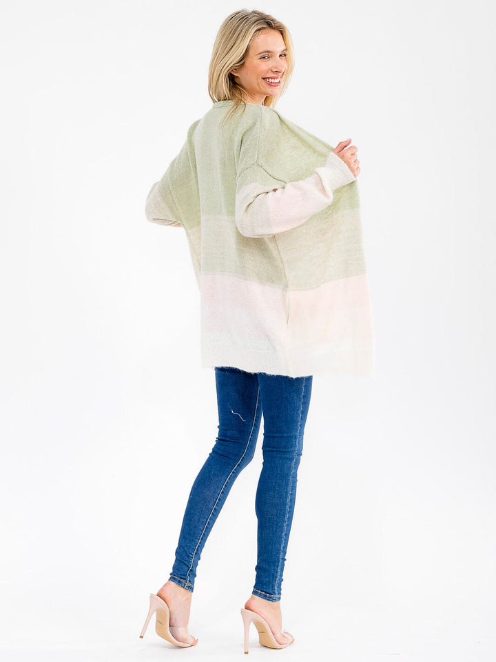 WOMEN'S LONG SLEEVE OPEN FRONT POCKETS COLORBLOCK CARDIGAN