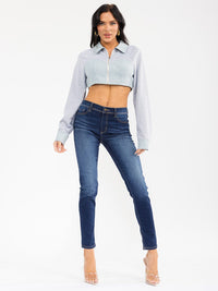 WOMEN'S LONG SLEEVE ZIP UP DENIM CONTRAST CROP JACKET
