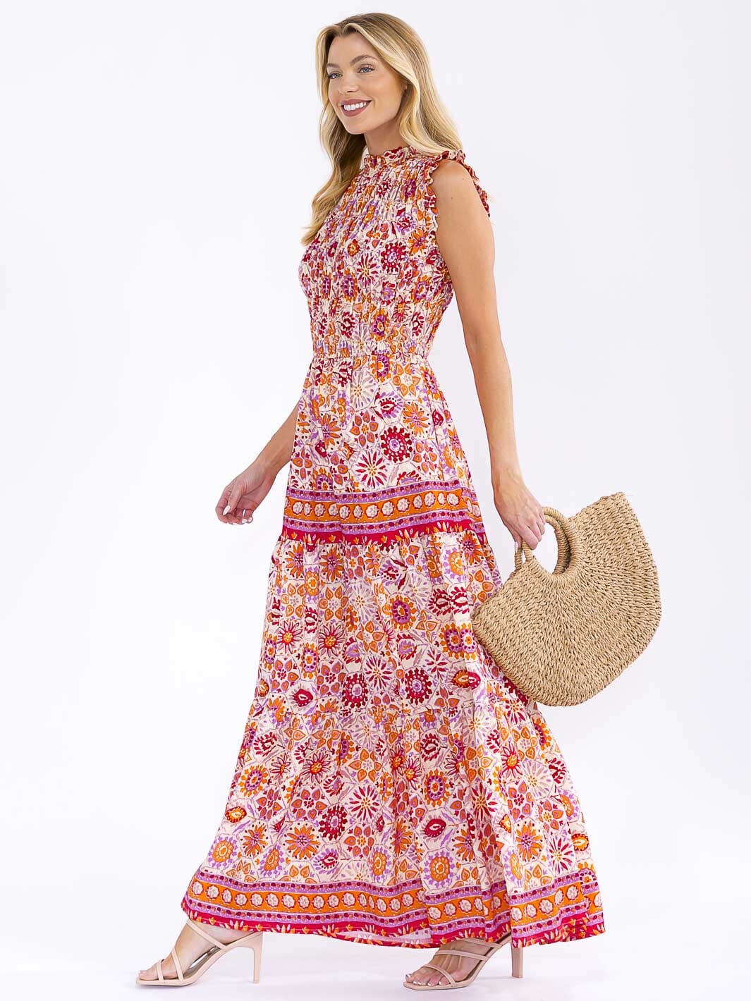 WOMEN'S SLEEVELESS MOCK NECK ELASTIC WAIST TIERED MULTI PRINT MAXI DRESS