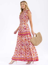 WOMEN'S SLEEVELESS MOCK NECK ELASTIC WAIST TIERED MULTI PRINT MAXI DRESS