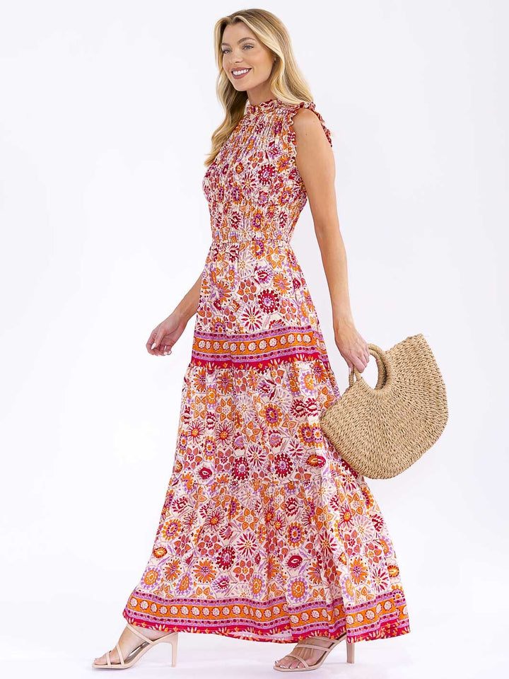 WOMEN'S SLEEVELESS MOCK NECK ELASTIC WAIST TIERED MULTI PRINT MAXI DRESS