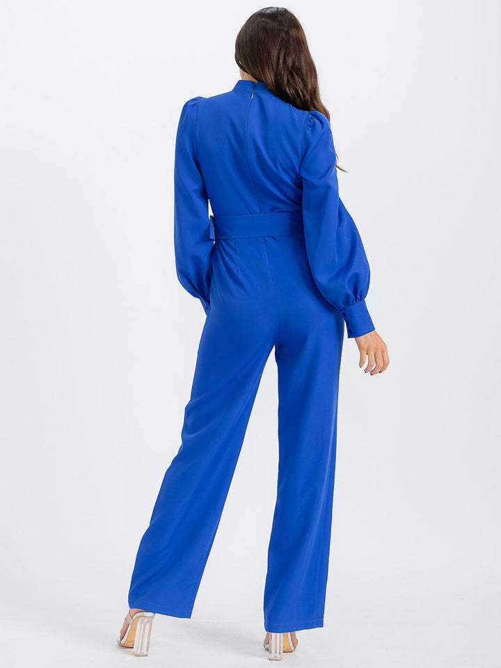 WOMEN'S LONG SLEEVE POCKETS CUT OUT BELTED WIDE LEG JUMPSUIT