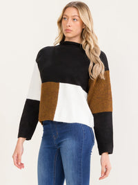 WOMEN'S LONG SLEEVE MOCK NECK PULLOVER COLORBLOCK SWEATER