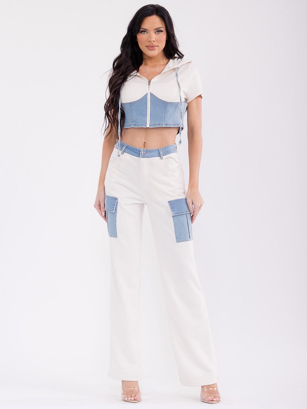 WOMEN'S SHORT SLEEVE TOP & BUTTON CLOSURE PANTS DENIM CONTRAST 2PC. SET