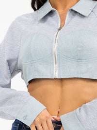 WOMEN'S LONG SLEEVE ZIP UP DENIM CONTRAST CROP JACKET