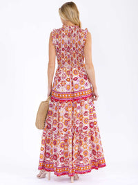 WOMEN'S SLEEVELESS MOCK NECK ELASTIC WAIST TIERED MULTI PRINT MAXI DRESS