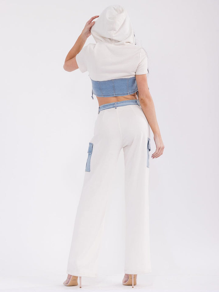 WOMEN'S SHORT SLEEVE TOP & BUTTON CLOSURE PANTS DENIM CONTRAST 2PC. SET