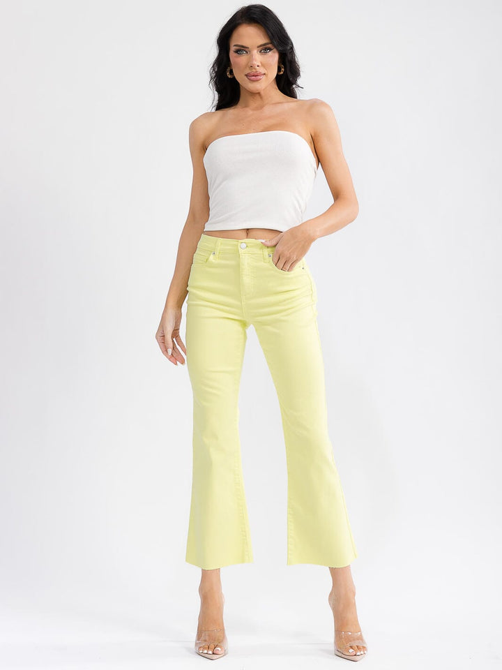 WOMEN'S BUTTON CLOSURE POCKETS BELL LEG DENIM PANTS