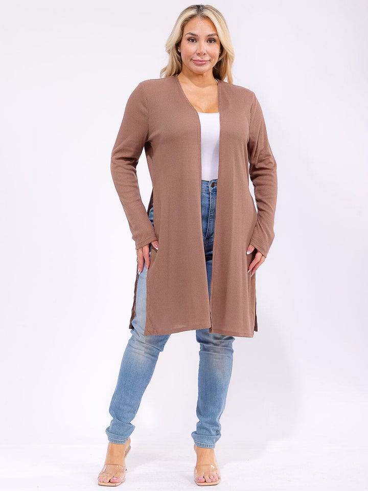 PLUS SIZE LONG SLEEVE OPEN FRONT SIDE SLIT RIBBED CARDIGAN
