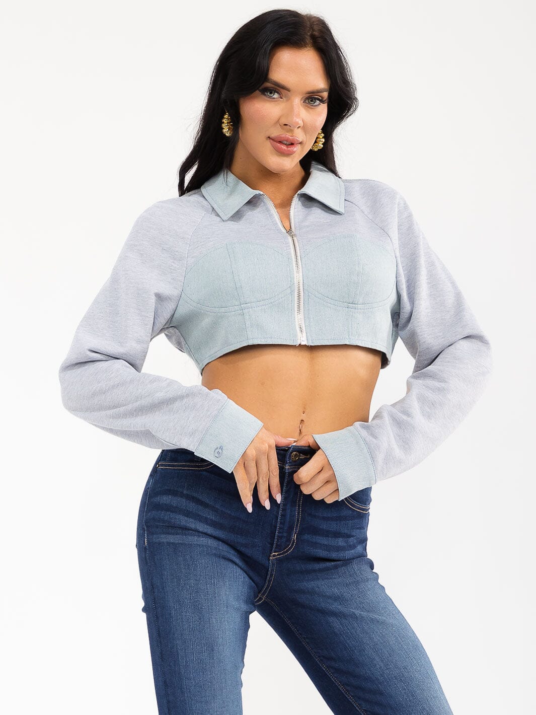WOMEN'S LONG SLEEVE ZIP UP DENIM CONTRAST CROP JACKET