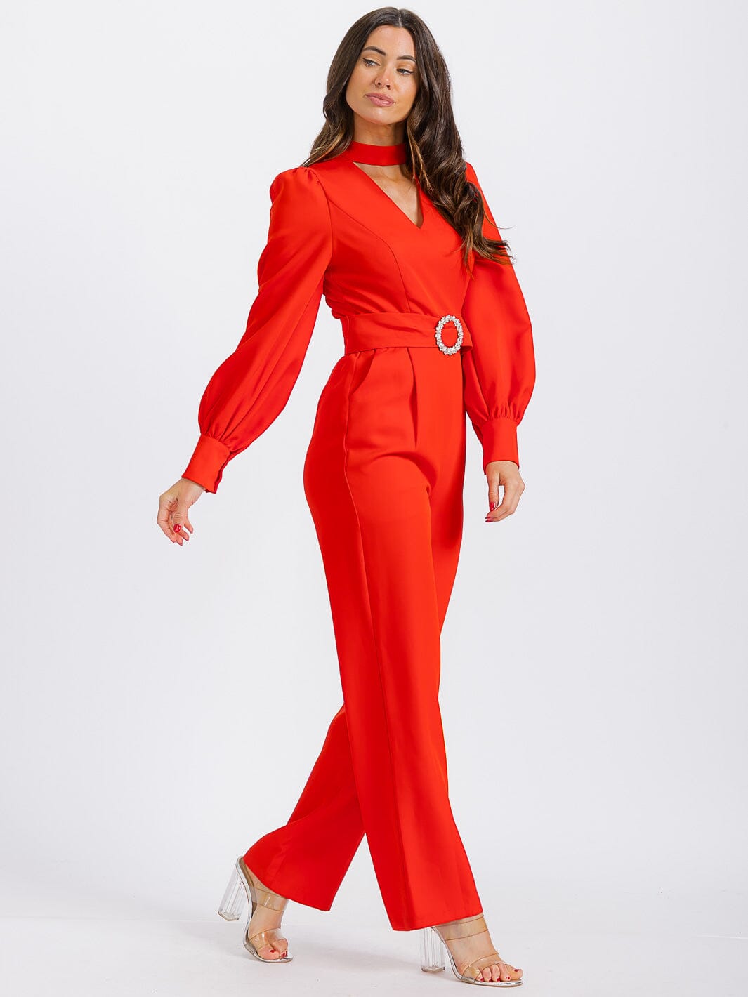 WOMEN'S LONG SLEEVE POCKETS CUT OUT BELTED WIDE LEG JUMPSUIT