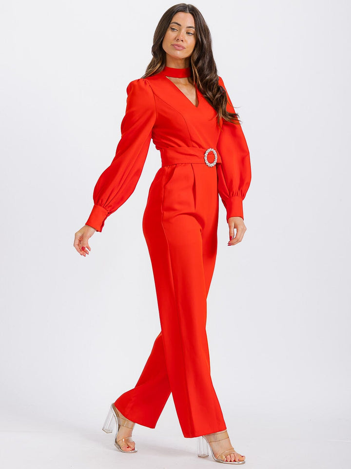 WOMEN'S LONG SLEEVE POCKETS CUT OUT BELTED WIDE LEG JUMPSUIT