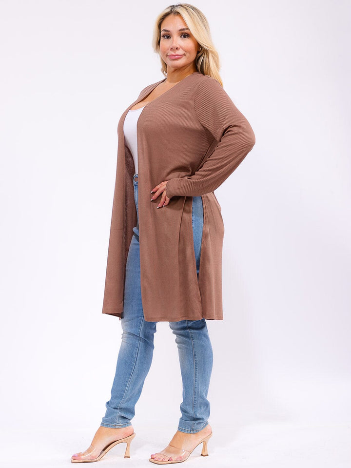 PLUS SIZE LONG SLEEVE OPEN FRONT SIDE SLIT RIBBED CARDIGAN
