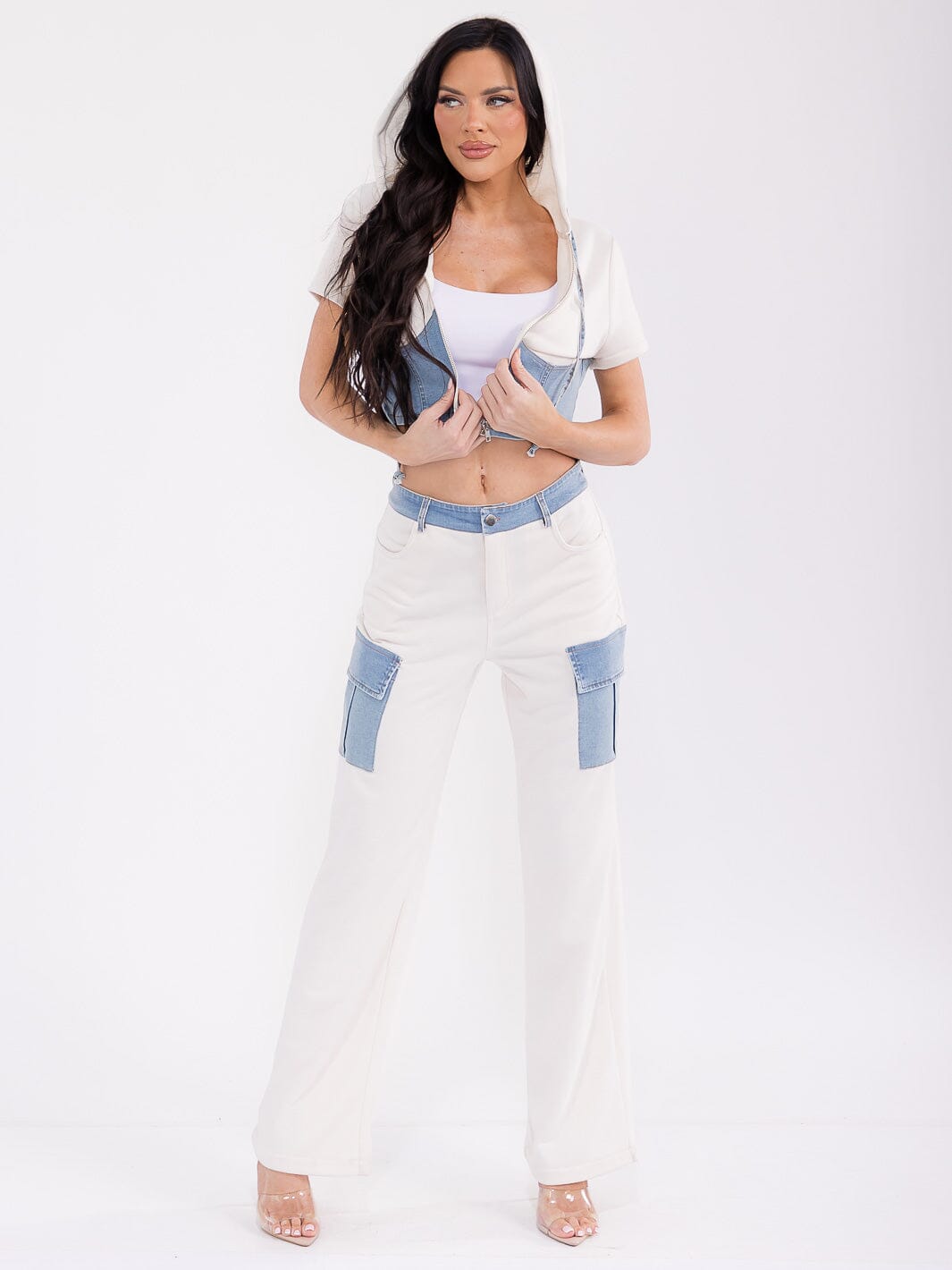 WOMEN'S SHORT SLEEVE TOP & BUTTON CLOSURE PANTS DENIM CONTRAST 2PC. SET