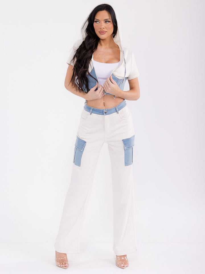 WOMEN'S SHORT SLEEVE TOP & BUTTON CLOSURE PANTS DENIM CONTRAST 2PC. SET