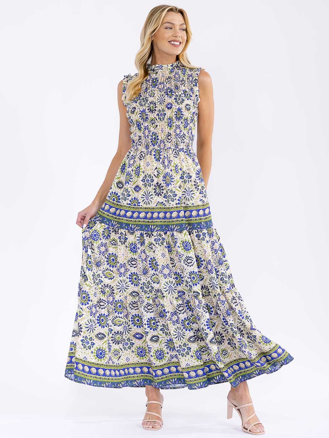 WOMEN'S SLEEVELESS MOCK NECK ELASTIC WAIST TIERED MULTI PRINT MAXI DRESS