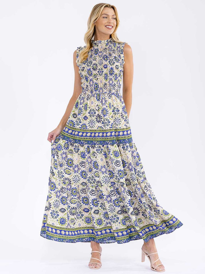 WOMEN'S SLEEVELESS MOCK NECK ELASTIC WAIST TIERED MULTI PRINT MAXI DRESS