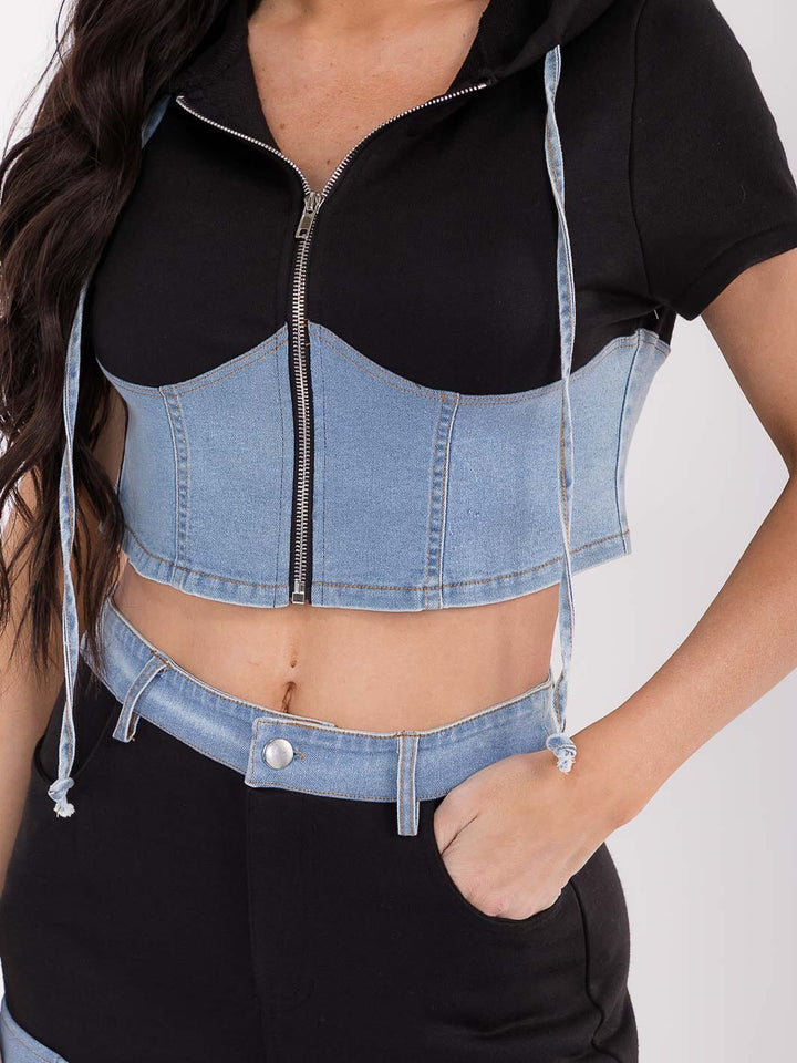 WOMEN'S SHORT SLEEVE TOP & BUTTON CLOSURE PANTS DENIM CONTRAST 2PC. SET